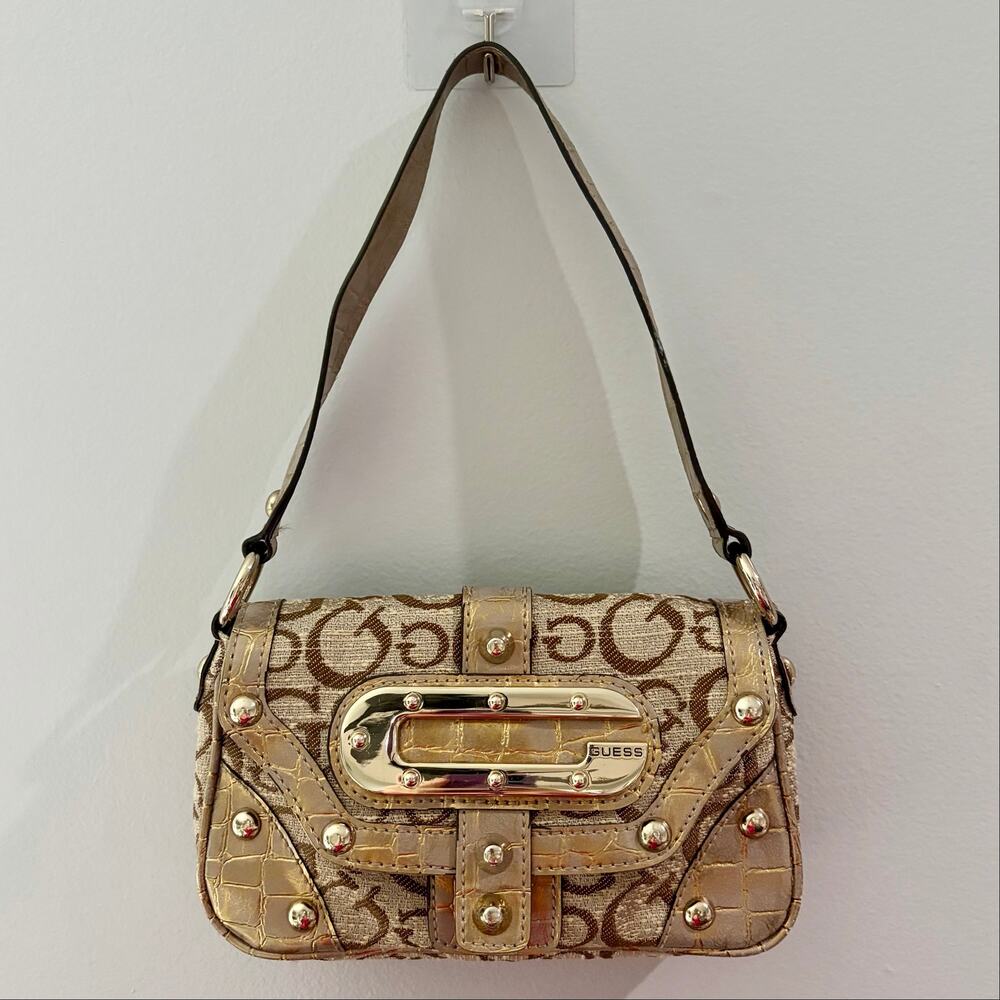 VTG Y2K Guess Monogram Small Baguette Should Bag Metallic Gold Tan Big G Buckle